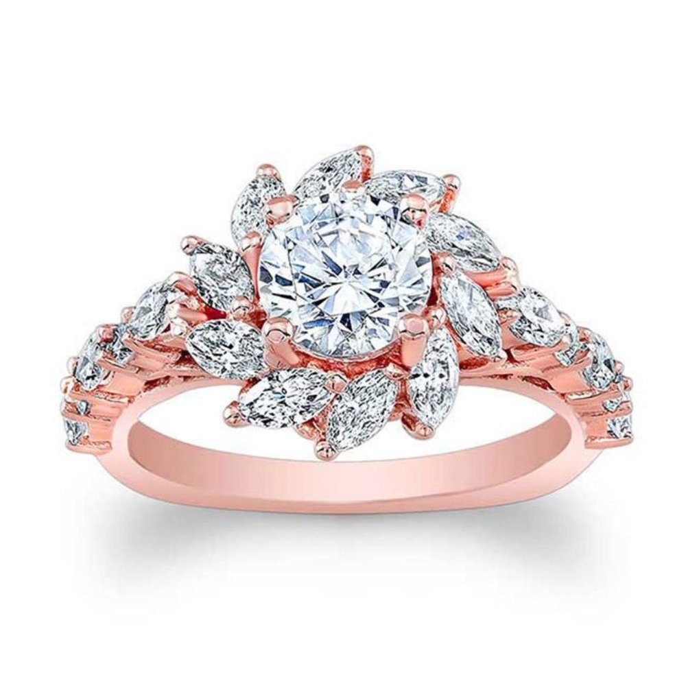 NEW Rose Gold Marquis Round Diamond Flower Ring - Picture 6 of 7